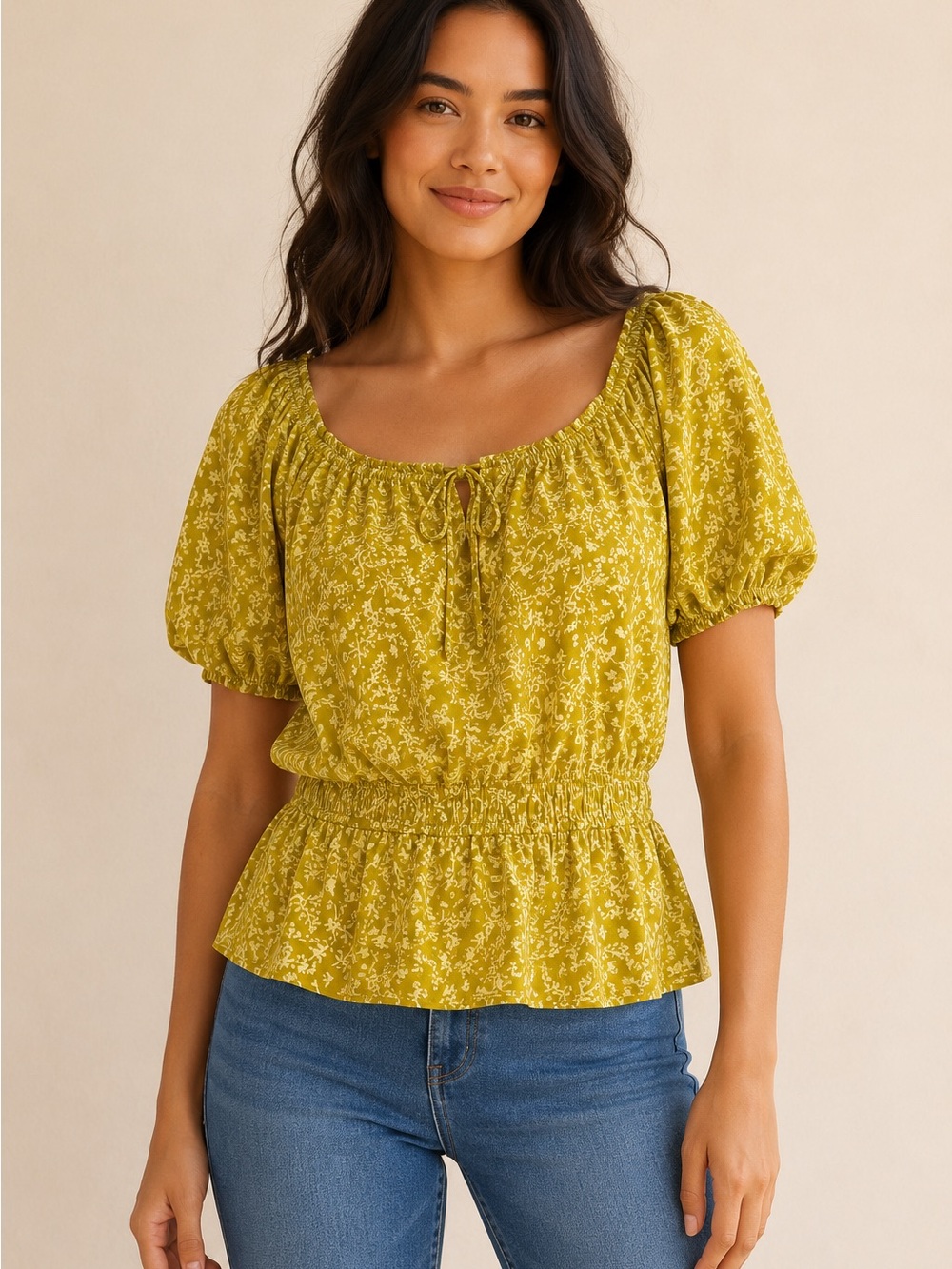 Lucky Brand Olive Yellow Floral Puff Sleeve Peplum Top